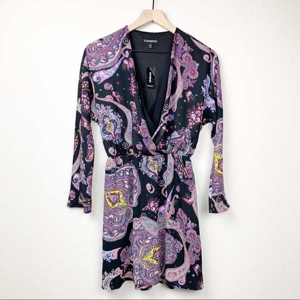Express Mini Dress Paisley Boho Print Long Sleeve
